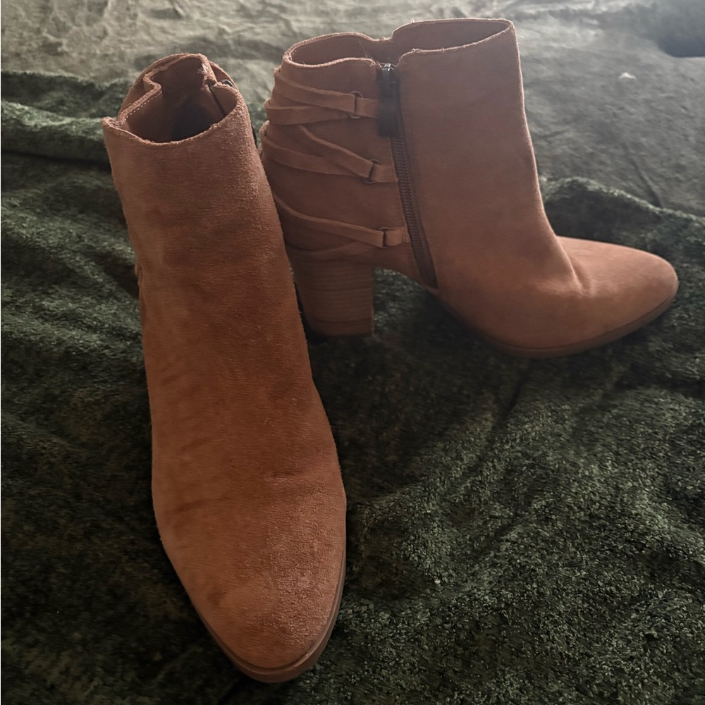 Brown/tan suede-look booties size 8.5